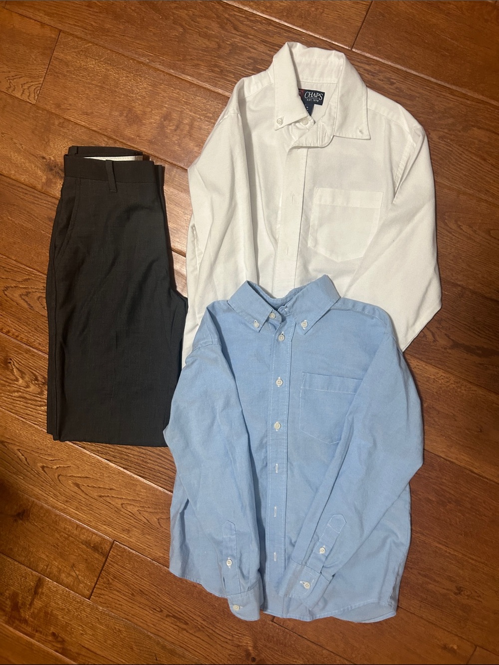 Chaps White and Light Blue Button-Down Shirts with dark grey dress pants
